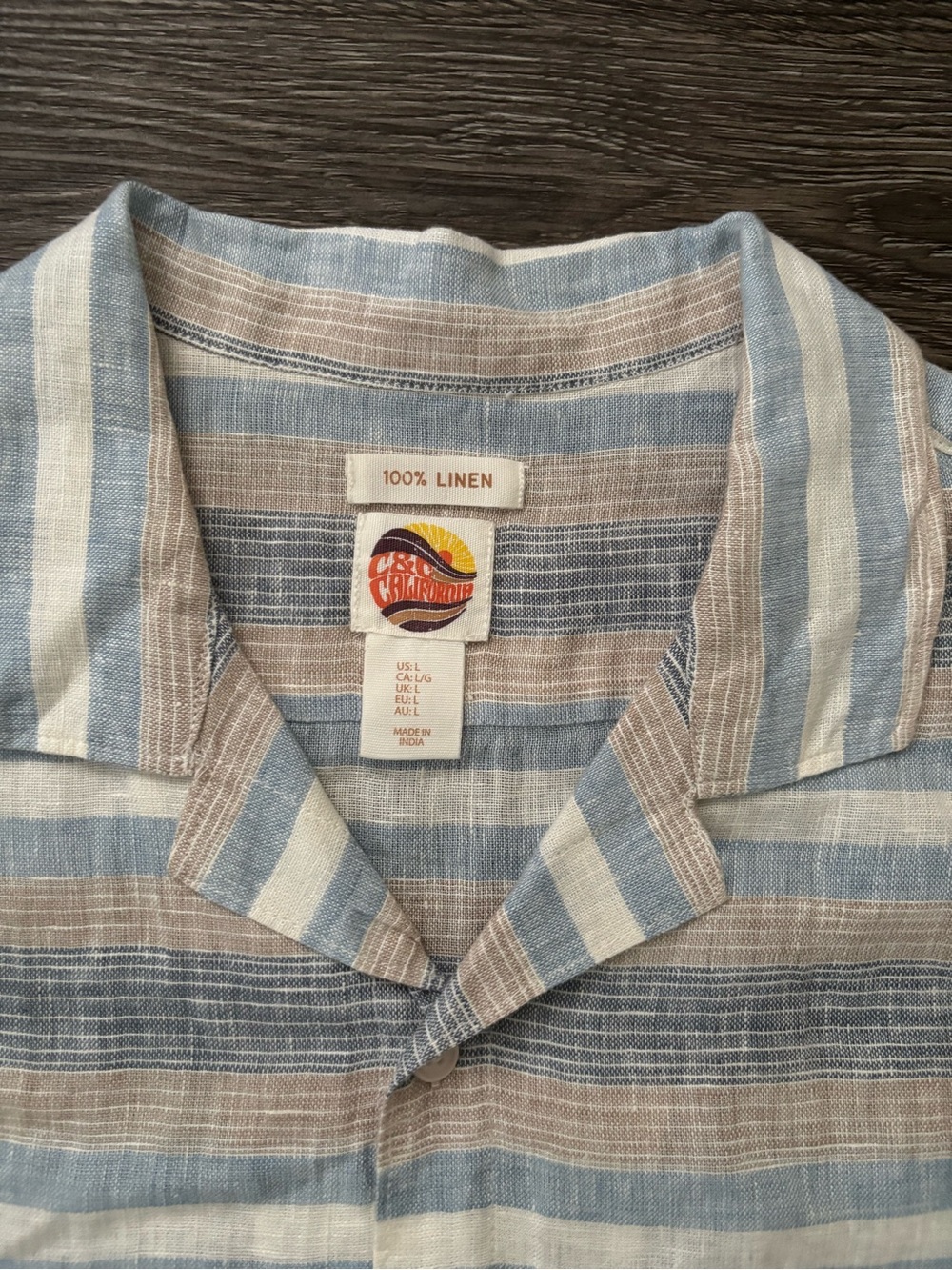 C&C California Striped Linen Camp Shirt in Light Blue, Beige & White